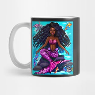 Black mermaid with flowing locks , brown eyes Afro hair and caramel brown skin Mug